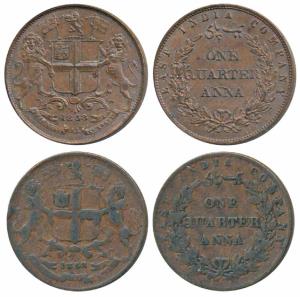 Copper ¼ Anna, 1858, Birmingham Mint, Wreath tips-double leaves, R. Heaton and Sons; Wreat