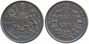 Copper ½ Anna, 1835, Madras Mint, obv. coat of arms of the EIC and date below, rev. value 