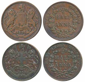 Copper ½ Anna, 1835, Madras Mint; 1835, Bombay Mint, obv. coat of arms of the EIC and date