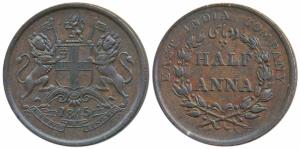 Copper ½ Anna 1845, obv. coat of arms of the EIC and date below, rev. value within wreath,