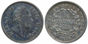 William IV, Silver ¼ Rupee, 1835, Calcutta Mint, F raised, Wreath with 18 Berries (10L+8R)