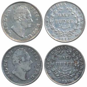 William IV, Silver ½ Rupee, 1835, Calcutta Mint, F incuse, 20 Berries, (Prid 69); the seco