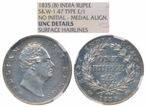 William IV, Silver Rupee, 1835, Bombay Mint, No initials, B / II, Bud leaves, 20 Berries, 