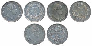 William IV, Silver Rupee, 1835, three different types, F raised; Dug out F incuse; No init