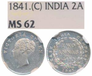 Victoria Queen, Silver 2 Annas, 1841, continuous legend, Calcutta Mint, English Head, Cres
