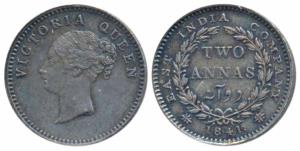 Victoria Queen, Silver 2 Annas, 1841, continuous legend, Calcutta Mint, English Head, Cres