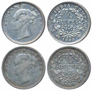 Victoria Queen, Silver ¼ Rupee, 1840, continuous legend, Madras Mint, English Head, S incu