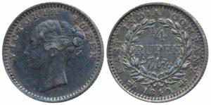 Victoria Queen, Silver ¼ Rupee, 1840, continuous legend, Madras Mint, English Head, S incu