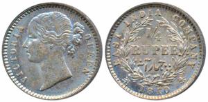 Victoria Queen, Silver ¼ Rupee, 1840, divided legend, Calcutta / Bombay Mint, WW raised, 1
