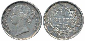 Victoria Queen, Silver ¼ Rupee, 1840, divided Legend, Madras Mint, WWB raised, 10 Berries 