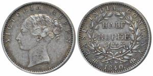 Victoria Queen, Silver ½ Rupee, 1840, continuous legend, Calcutta Mint, English Head, 19 B