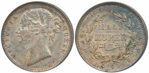 Victoria Queen, Silver ½ Rupee, 1840, divided legend, Madras Mint, B raised WW incuse, 24 
