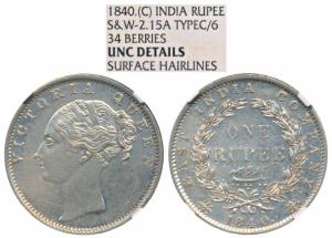 Victoria Queen, Silver Rupee, 1840, continuous legend, Bombay Mint, English Head with Modi