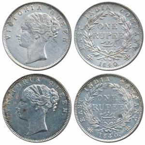 Victoria Queen, Silver Rupee (2), 1840, continuous legend, Calcutta Mint, English Head, Re