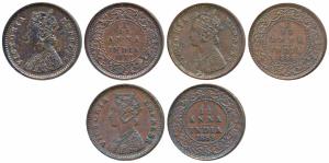 Victoria Empress, Copper 1/12 Anna, 1877, 1884 & 1889, Bombay Mint (Prid 809, 812 & 816). 