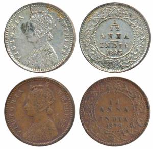 Victoria Empress, Copper 1/12 Anna, 1878 & 1895, Calcutta Mint (Prid 787 & 800). Very Fine