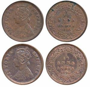 Victoria Empress, Copper 1/12 Anna, 1883 & 1890, Calcutta Mint (Prid 789). Uncirculated an
