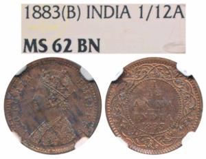 Victoria Empress, Copper 1/12 Anna, 1883, Bombay Mint, (Prid 811). Graded by NGC MS62BN.
