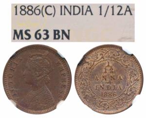 Victoria Empress, Copper 1/12 Anna, 1886, Calcutta Mint, (Prid 791). Graded by NGC MS63BN.