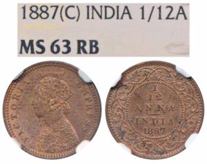 Victoria Empress, Copper 1/12 Anna, 1887, Calcutta Mint, (Prid 792). Graded by NGC MS63RB.