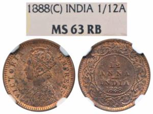 Victoria Empress, Copper 1/12 Anna, 1888, Calcutta Mint, (Prid 793). Graded by NGC MS63RB.