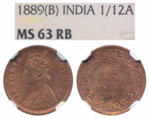 Victoria Empress, Copper 1/12 Anna, 1889, Bombay Mint (Prid 816). Graded By NGC MS63RB.