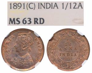 Victoria Empress, Copper 1/12 Anna, 1891, Calcutta Mint (Prid 796). Graded by NGC MS63RD.