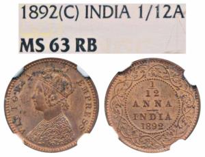 Victoria Empress, Copper 1/12 Anna, 1892, Calcutta Mint (Prid 797). Graded by NGC MS63RB.