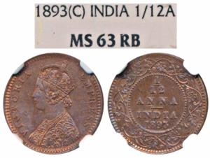 Victoria Empress, Copper 1/12 Anna, 1893, Calcutta Mint (Prid 798). Graded by NGC MS63RB.