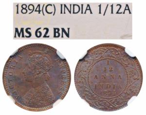 Victoria Empress, Copper 1/12 Anna, 1894, Calcutta Mint (Prid 799). Graded by NGC MS62BN.