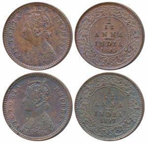 Victoria Empress, Copper 1/12 Anna, 1895 & 1897, Calcutta Mint (Prid 800 & 802). Uncircula