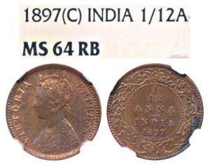 Victoria Empress, Copper 1/12 Anna, 1897, Calcutta Mint (Prid 802). Graded by NGC MS64RB.