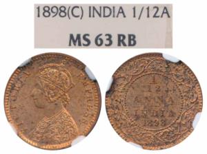 Victoria Empress, Copper 1/12 Anna, 1898, Calcutta Mint (Prid 803). Graded by NGC MS63RB.