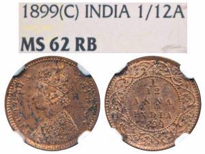 Victoria Empress, Copper 1/12 Anna, 1899, Calcutta Mint (Prid 804). Graded by NGC MS62RB.