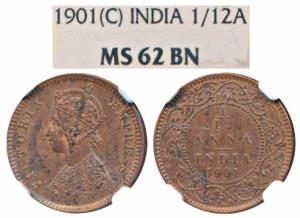 Victoria Empress, Copper 1/12 Anna, 1901, Calcutta Mint (Prid 805). Graded by NGC MS62BN.