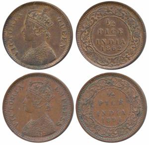 Victoria Queen, Copper ½ Pice, 1862 & 1894, Calcutta Mint (Prid 711 & 727). Very Fine and 