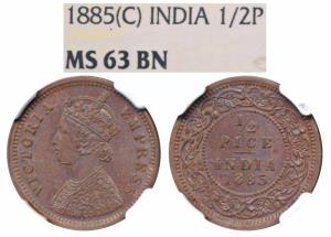 Victoria Empress, Copper ½ Pice, 1885, Calcutta Mint, (Prid 717). Graded by NGC MS63BN.