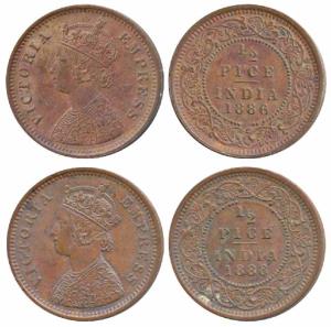 Victoria Empress, Copper ½ Pice, 1886 & 1888, Calcutta Mint (Prid 718 & 720). About Uncirc