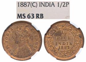 Victoria Empress, Copper ½ Pice, 1887, Calcutta Mint (Prid 719). Graded by NGC MS63RB.