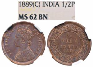 Victoria Empress, Copper ½ Pice, 1889, Calcutta Mint, (Prid 721). Graded by NGC MS62BN.
