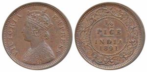 Victoria Empress, Copper ½ Pice, 1891, Calcutta Mint (Prid 723). About Uncirculated.