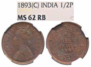 Victoria Empress, Copper ½ Pice, 1893, Calcutta Mint (Prid 726). Graded by NGC MS62RB.
