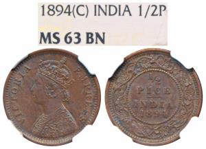 Victoria Empress, Copper ½ Pice, 1894, Calcutta Mint (Prid 727). Graded by NGC MS63BN.