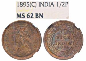 Victoria Empress, Copper ½ Pice, 1895, Calcutta Mint (Prid 728). Graded by NGC MS62BN.