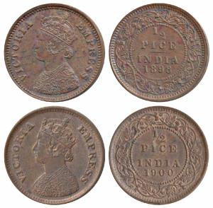 Victoria Empress, Copper ½ Pice, 1898 & 1900, Calcutta Mint (Prid 731 & 733). About Uncirc