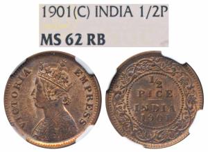 Victoria Empress, Copper ½ Pice, 1901, Calcutta Mint (Prid 734). Graded by NGC MS62RB.