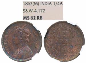 Victoria Queen, Copper ¼ Anna, 1862, Madras Mint (Prid 604). Graded by NGC MS62RB.