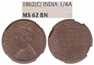 Victoria Queen, Copper ¼ Anna, 1862, Calcutta Mint (Prid 600). Graded by NGC MS62BN.