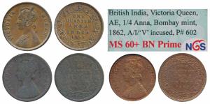 Victoria Queen, Copper ¼ Anna, 1862, Bombay Mint, 4 lace panel in jabot with a single flow