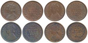 Victoria Queen, Copper ¼ Anna, 1862, Calcutta Mint, V raised; 1874, 1875 & 1876, Calcutta 